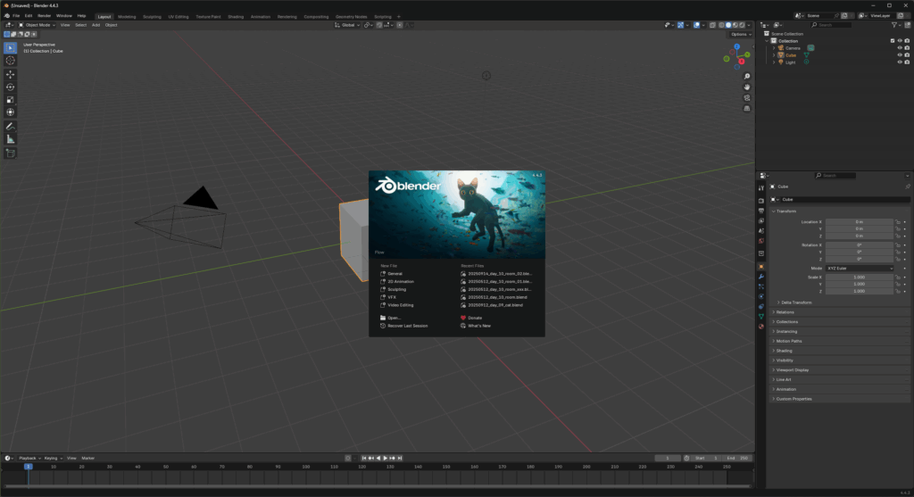 Blender バージョン4.4.3の起動画面